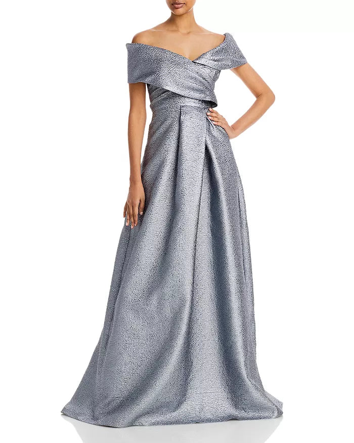 Teri Jon by Rickie Freeman Off-the-Shoulder Metallic Jacquard Gown