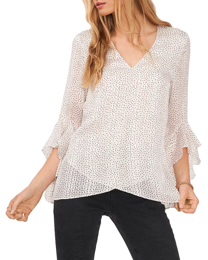 VINCE CAMUTO Pleated Polka Dot Flutter Sleeve Top