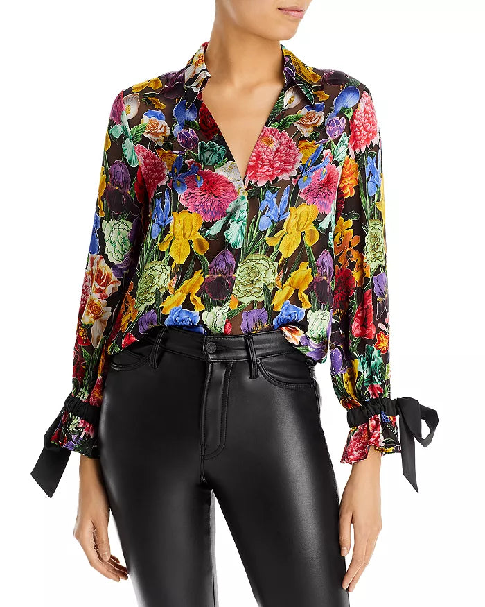 Alice and Olivia Randa Floral Tied Blouson Sleeve Top