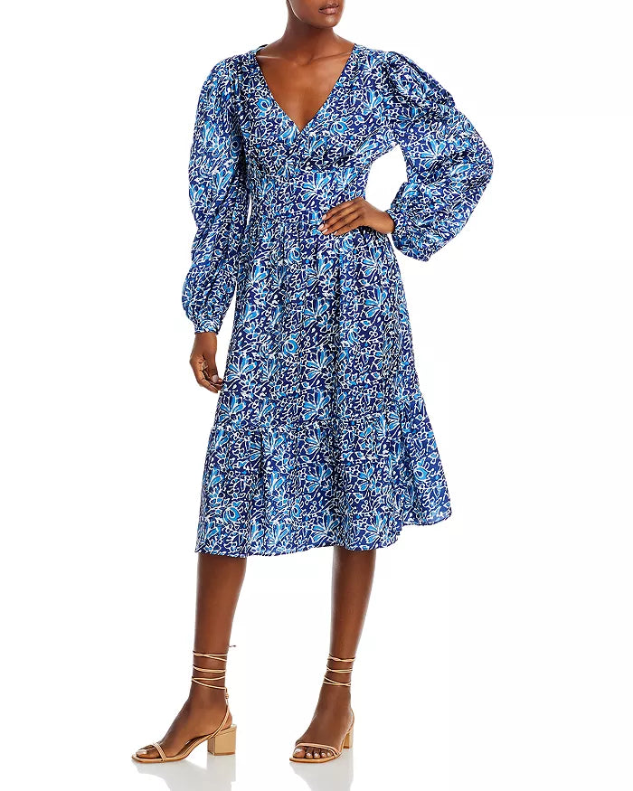 AQUA Floral Ruched Long-Sleeve Midi Dress