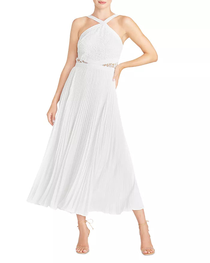 ML Monique Lhuillier Pleated Lace Trim Midi Dress