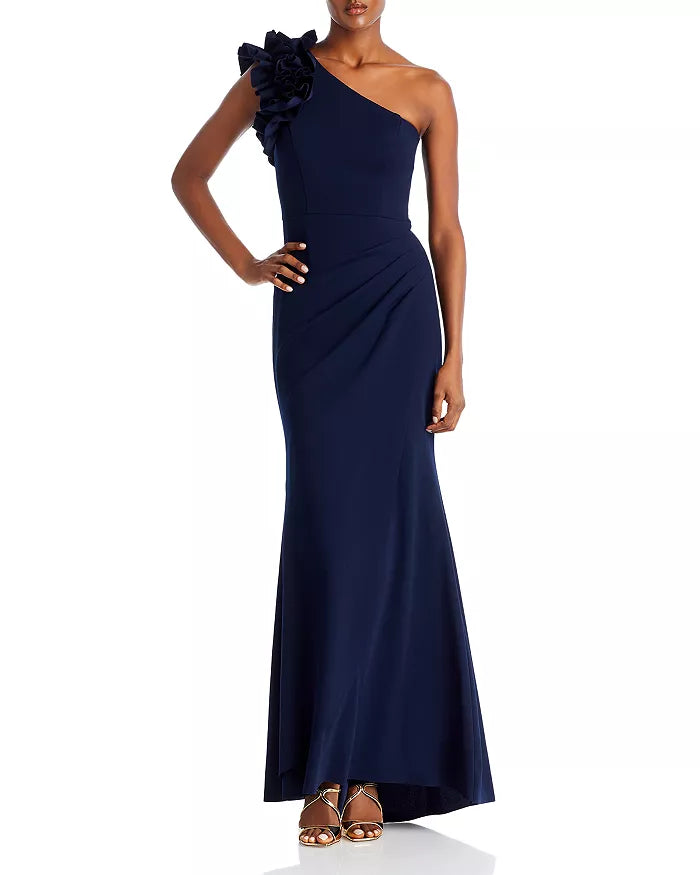 AQUA One Shoulder Ruffle Crepe Gown