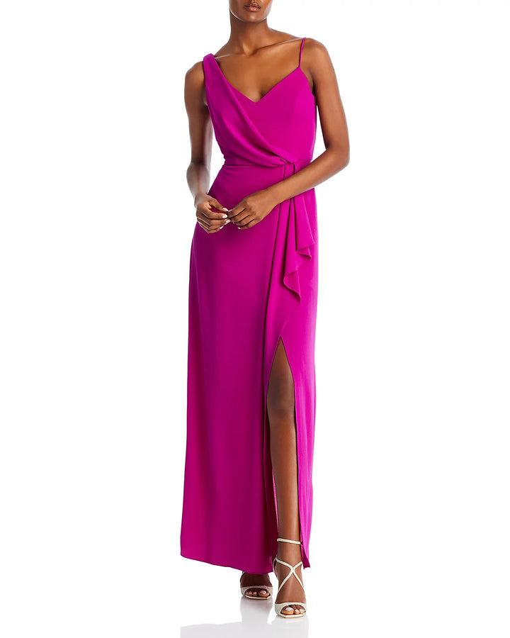 AQUA Asymmetric Overlay Crepe Gown