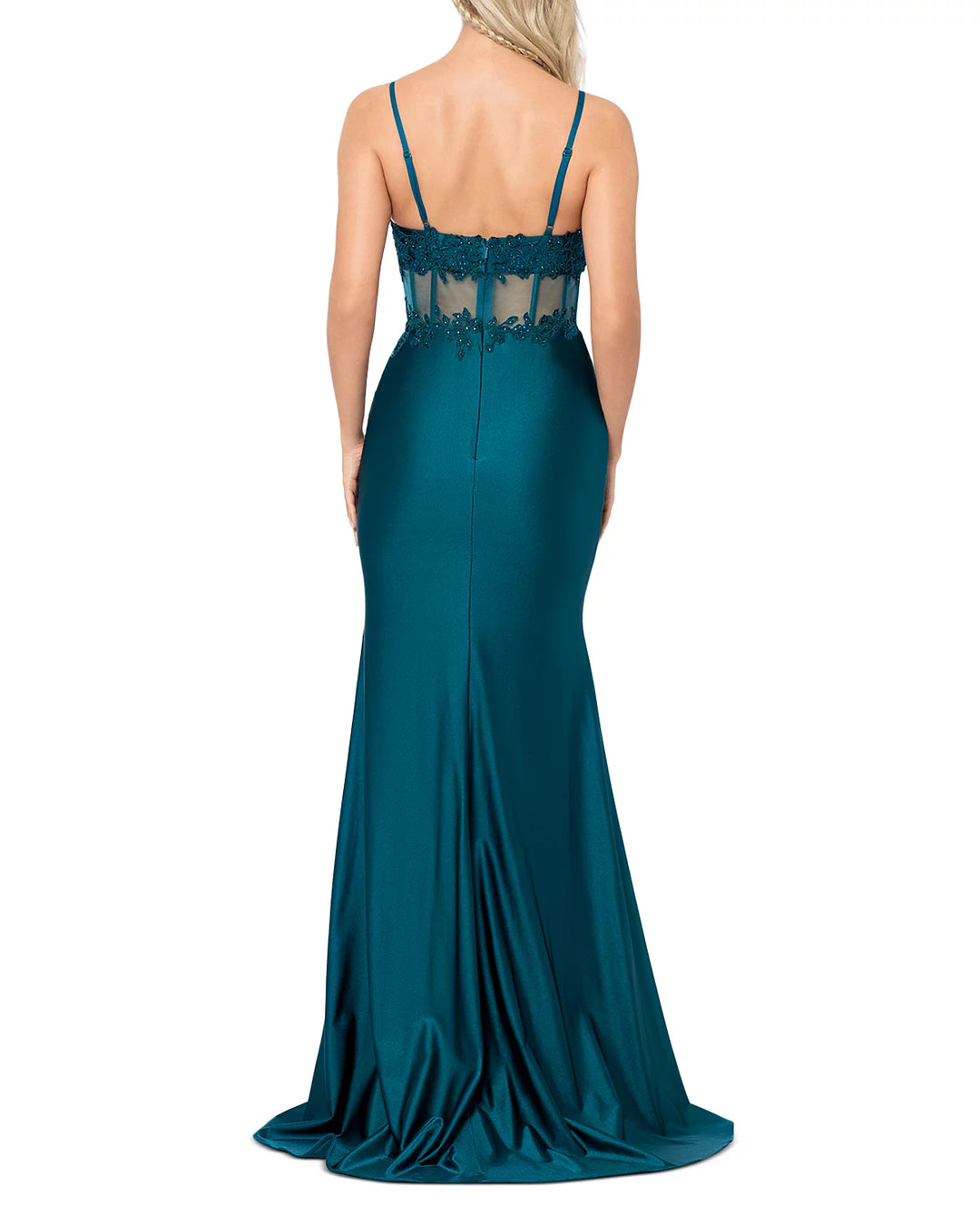 AQUA Corset Appliqué Satin Gown