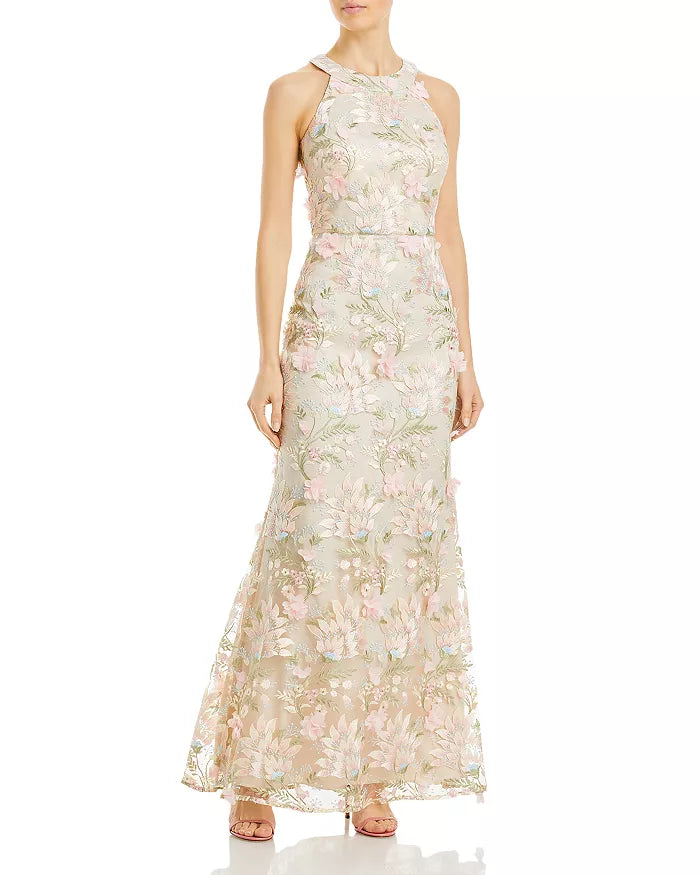 Eliza J Appliqud Embroidered Halter Gown DGFOutlet Eliza J Appliqud Embroidered Halter Gown DGFOutlet