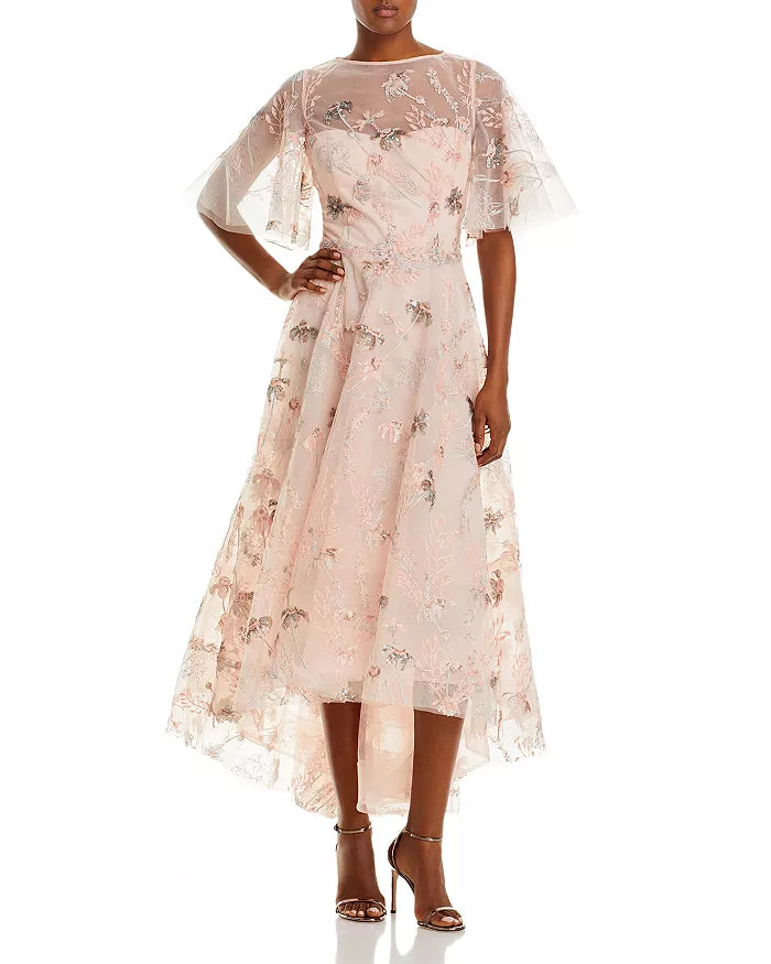 Teri Jon by Rickie Freeman Sequined Embroidered Floral Tulle High Low Dress