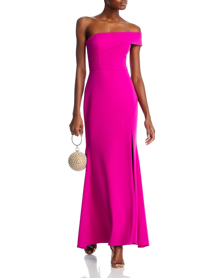 AQUA Scuba Crepe Off-the-Shoulder Gown