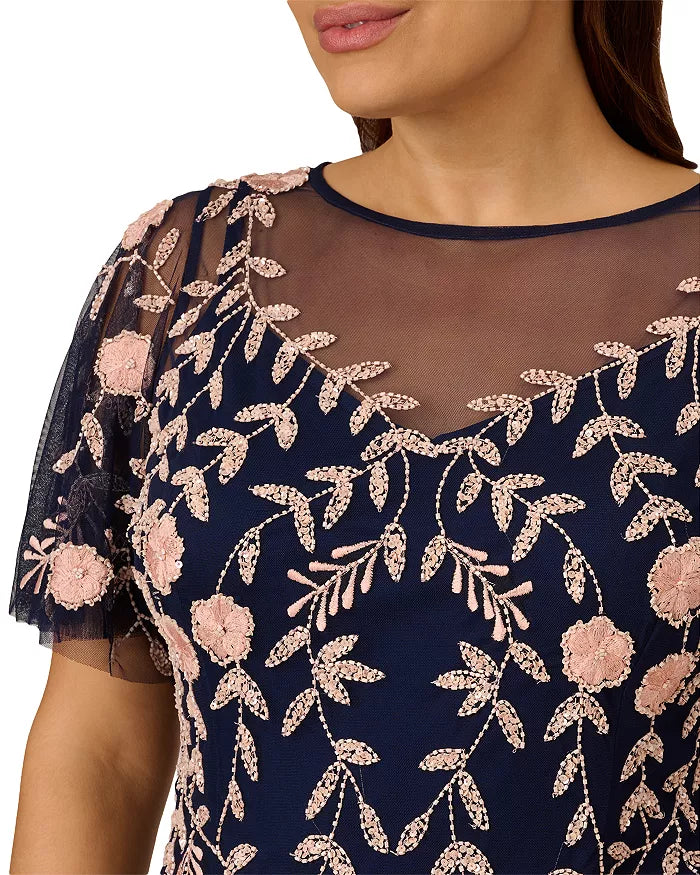 Adrianna Papell Floral Embroidered Flutter-Sleeve Dress