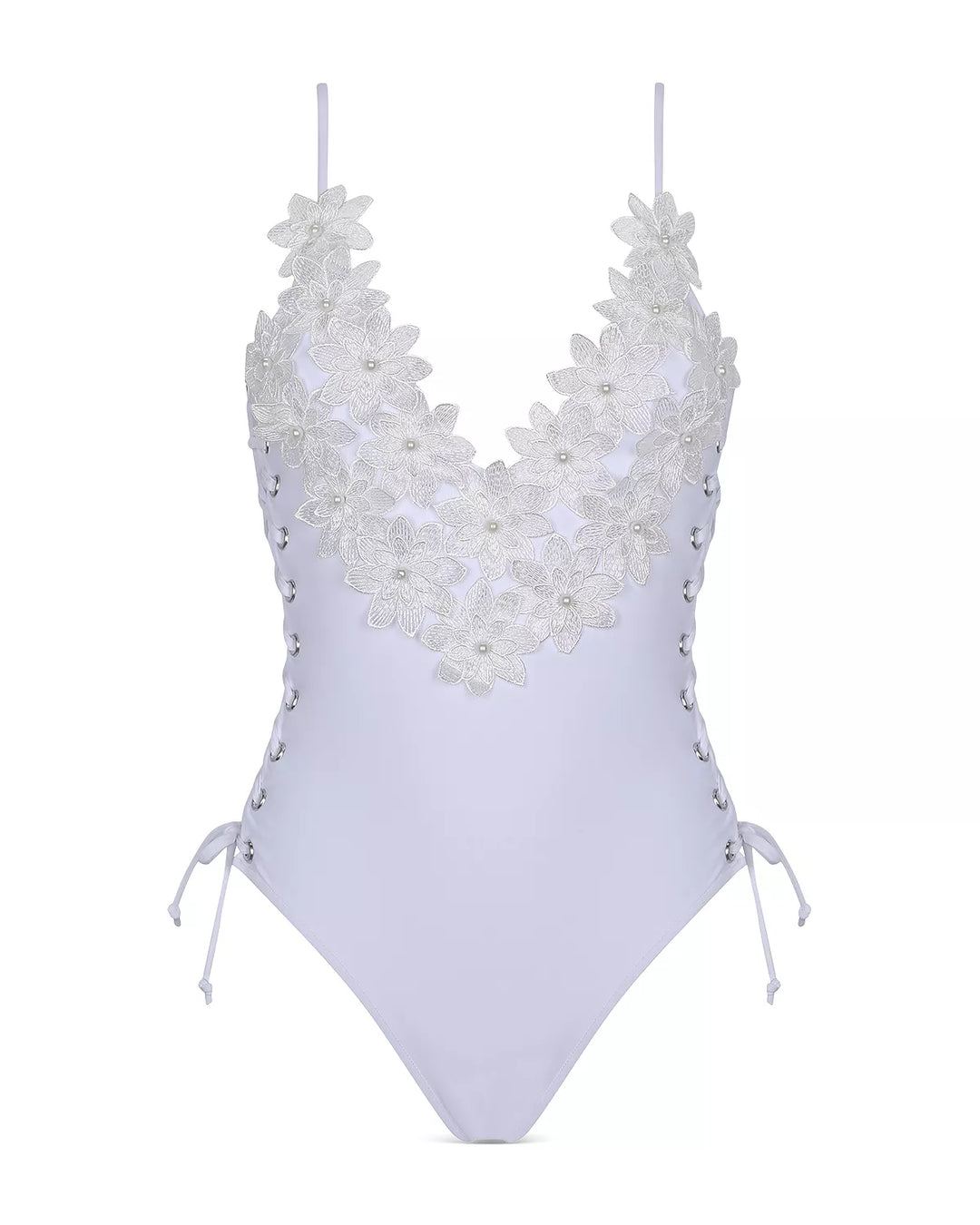 Capittana Flower Applique Lace Up One Piece Swimsuit
