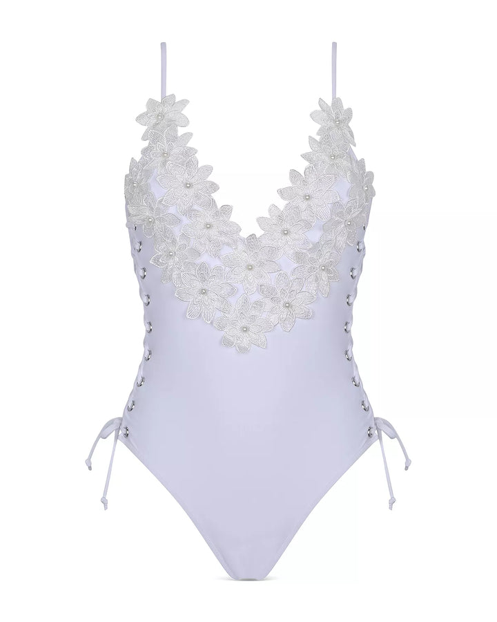 Capittana Flower Applique Lace Up One Piece Swimsuit