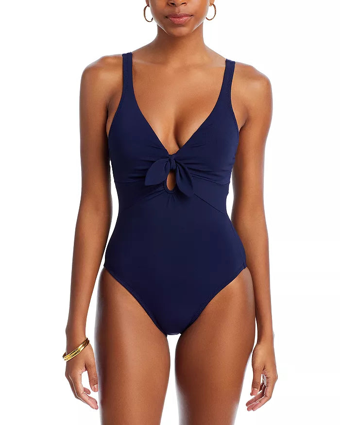 Robin Piccone Ava Plunge Neck Tie-Front One Piece Swimsuit