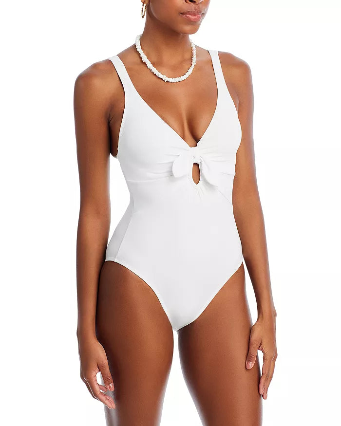 Robin Piccone Ava Plunge Neck Tie-Front One Piece Swimsuit