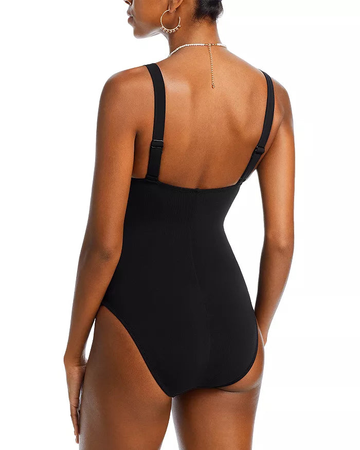 Robin Piccone Plunge Neck Tie-Front One Piece Swimsuit