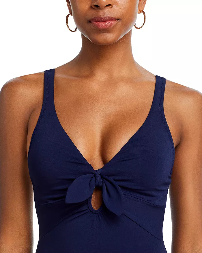 Robin Piccone Ava Plunge Neck Tie-Front One Piece Swimsuit