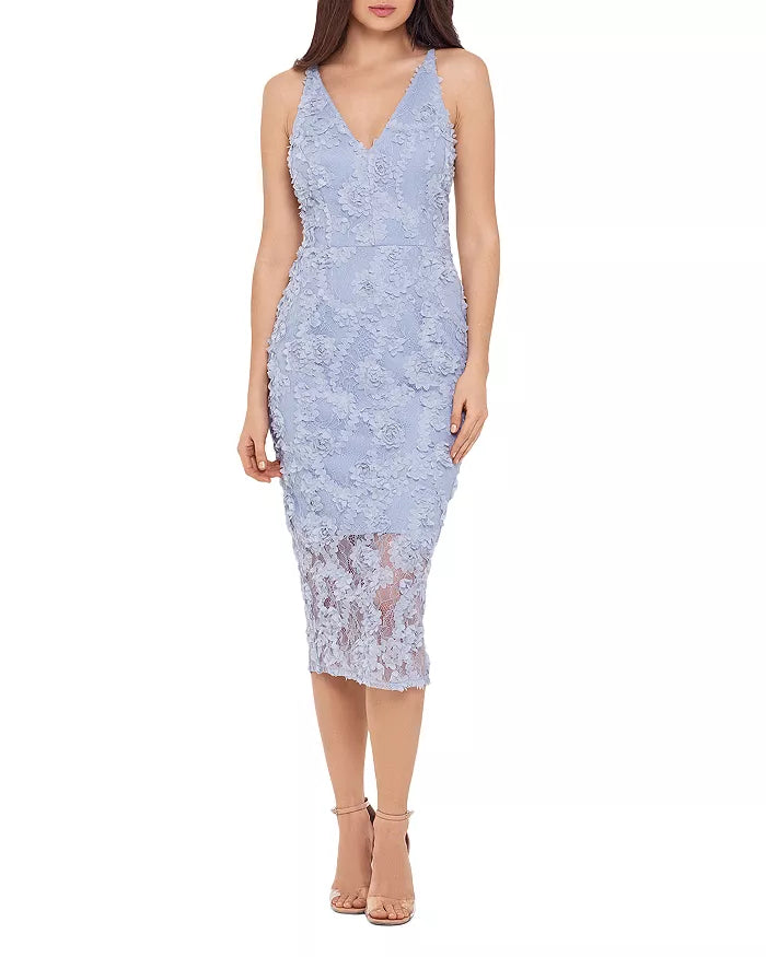 AQUA Deep V Neck Raised Flower Midi Dress