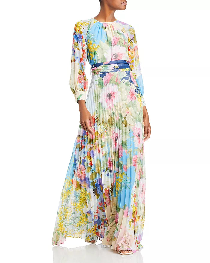 Teri Jon by Rickie Freeman Long Sleeve Pleated Maxi Dress