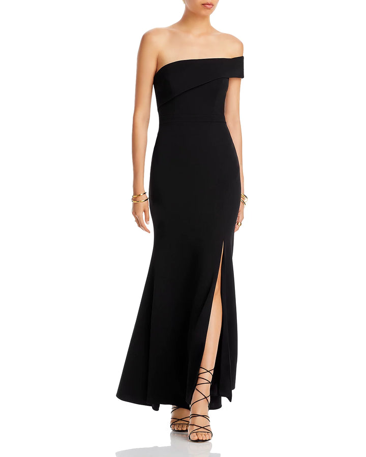 AQUA Scuba Crepe Off-the-Shoulder Gown