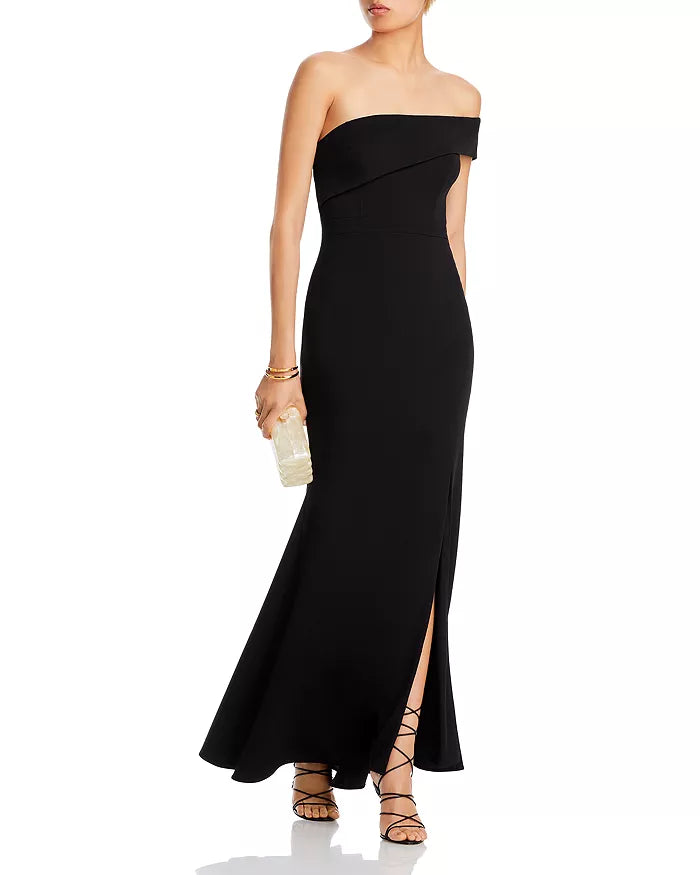 AQUA Scuba Crepe Off-the-Shoulder Gown