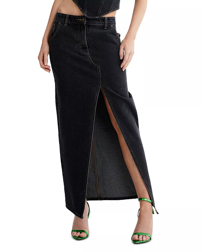 Lioness Barbie Split Maxi Denim Skirt in Charcoal