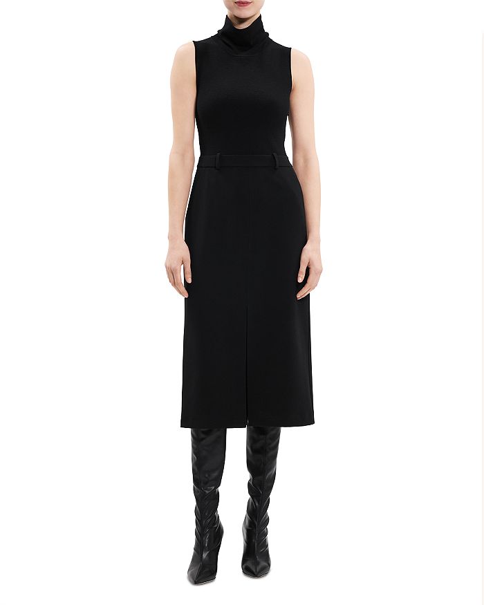 Theory Funnel Neck Mixed Media Midi Dress