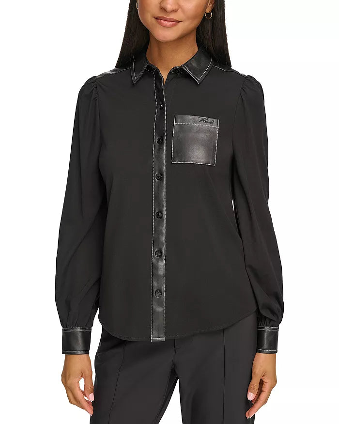 KARL LAGERFELD PARIS Faux Leather Trim Button Up Shirt