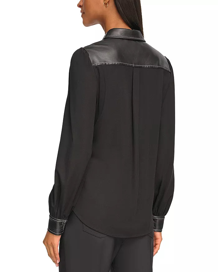 KARL LAGERFELD PARIS Faux Leather Trim Button Up Shirt