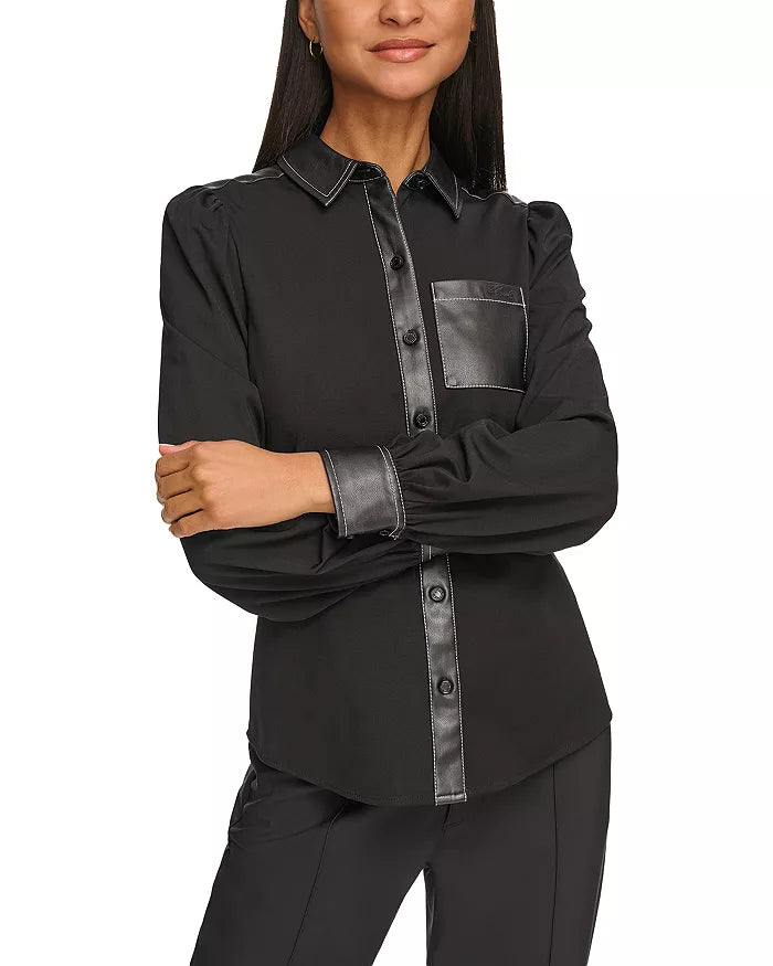 KARL LAGERFELD PARIS Faux Leather Trim Button Up Shirt