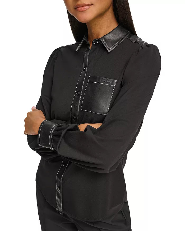 KARL LAGERFELD PARIS Faux Leather Trim Button Up Shirt