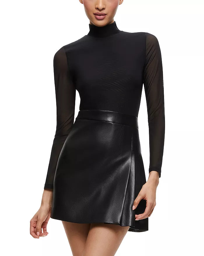 Alice and Olivia Chara Long Sleeve Mesh & Faux Leather Mini Dress