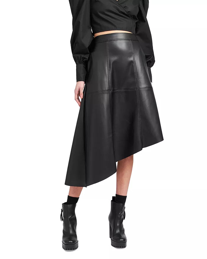 En Saison Faux Leather Asymmetric Midi Skirt