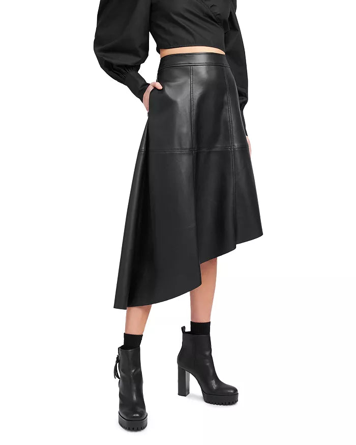 En Saison Faux Leather Asymmetric Midi Skirt