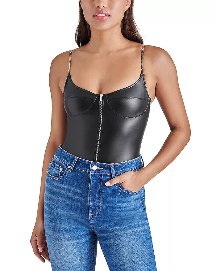 STEVE MADDEN Haven Faux Leather Chain Strap Bodysuit