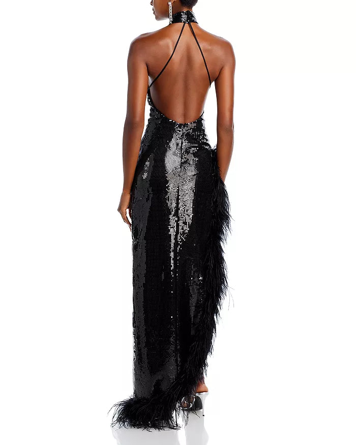 Retrofete Vixen Feather Trim Sequin Gown