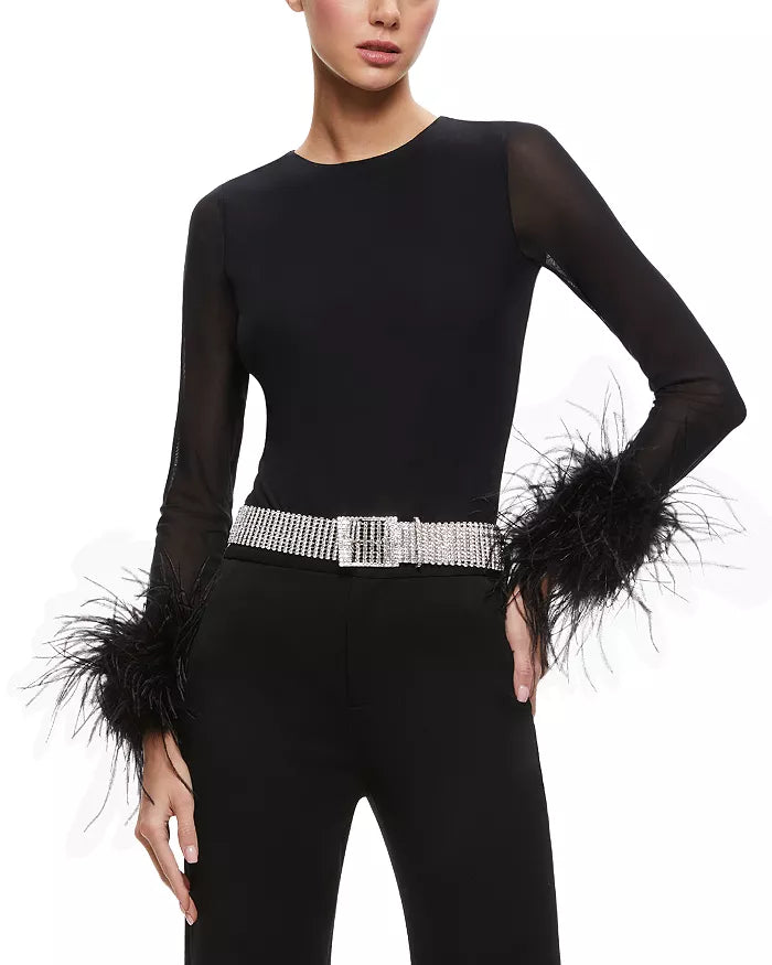 Alice and Olivia Delaina Feather Trim Mesh Top