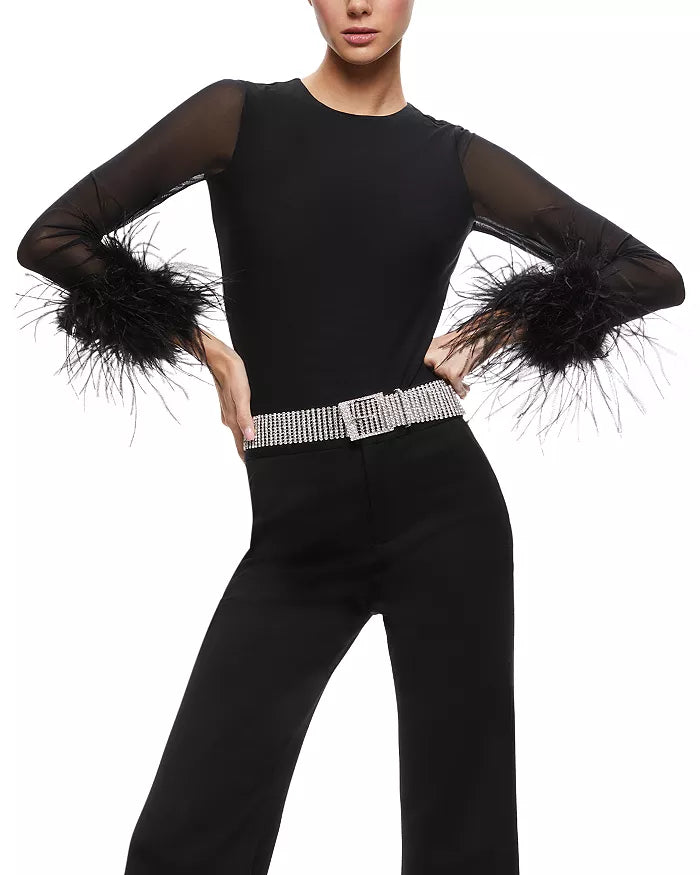 Alice and Olivia Delaina Feather Trim Mesh Top