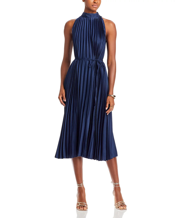 Sam Edelman Pleated Satin High Neck Midi Dress