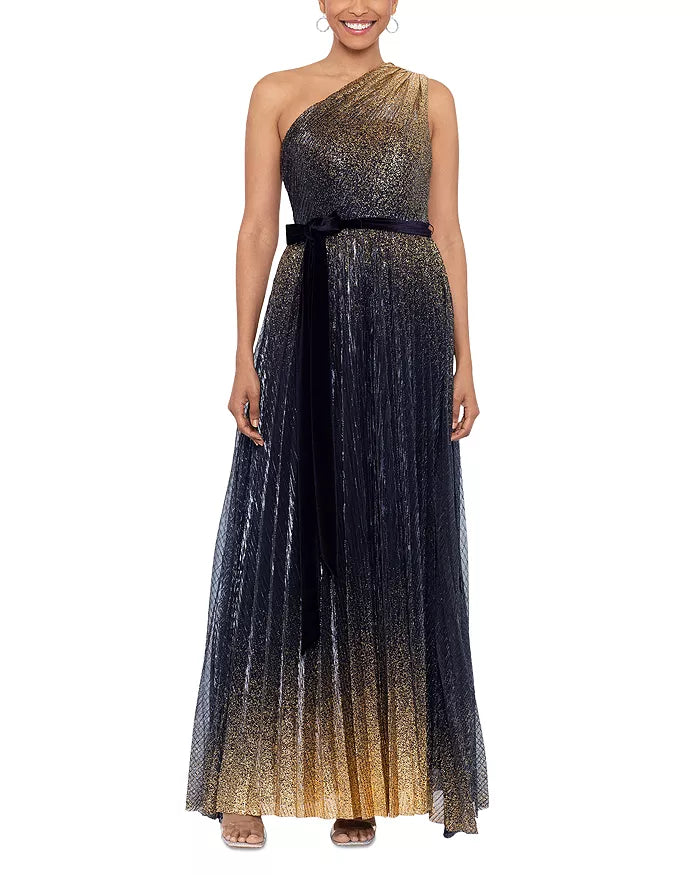 AQUA Glitter Pleated One Shoulder Gown