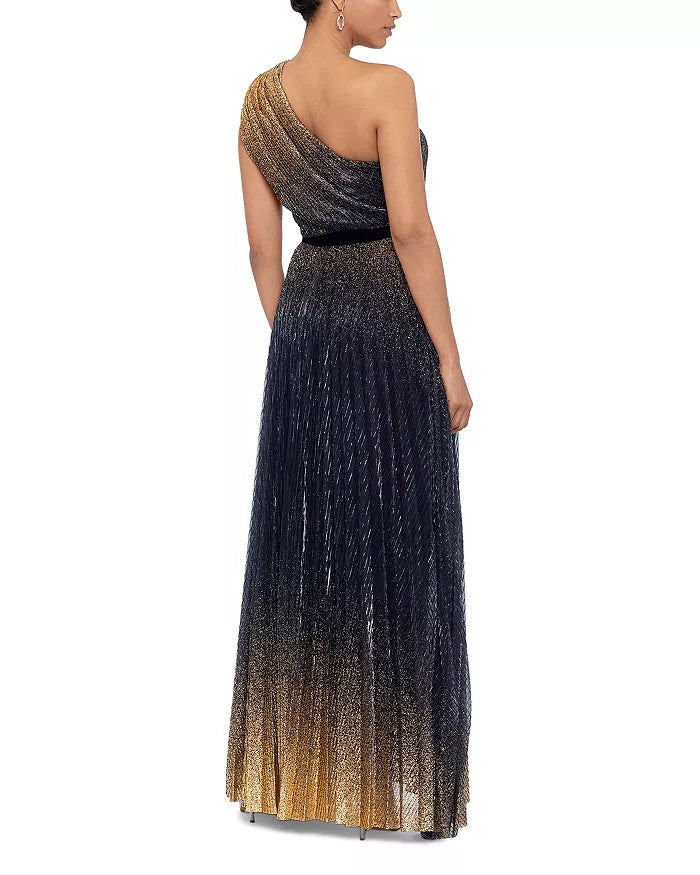 AQUA Glitter Pleated One Shoulder Gown