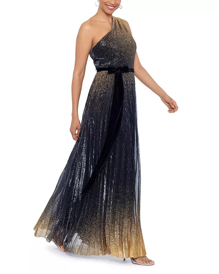 AQUA Glitter Pleated One Shoulder Gown