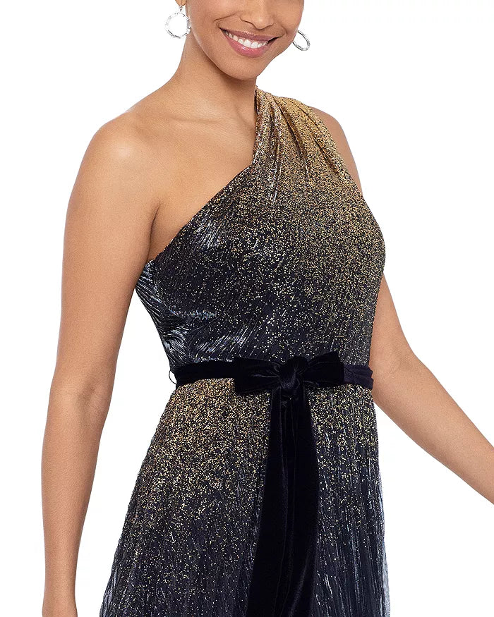 AQUA Glitter Pleated One Shoulder Gown