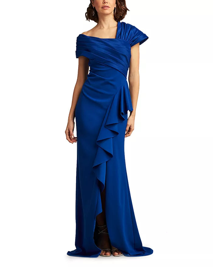 Tadashi Shoji Asymmetrical Ruffled Crepe Gown