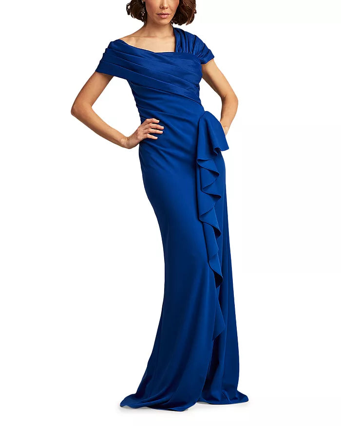 Tadashi Shoji Asymmetrical Ruffled Crepe Gown