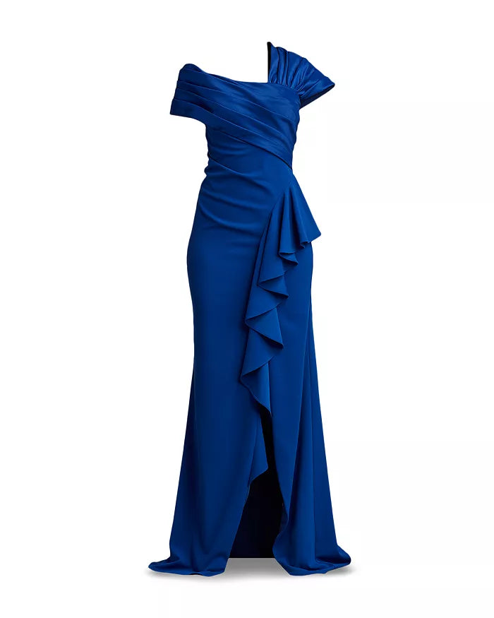 Tadashi Shoji Asymmetrical Ruffled Crepe Gown