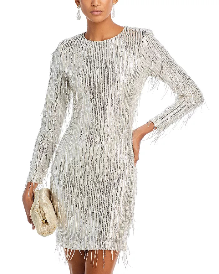 Eliza J Sequin Fringe Long Sleeve Cocktail Dress