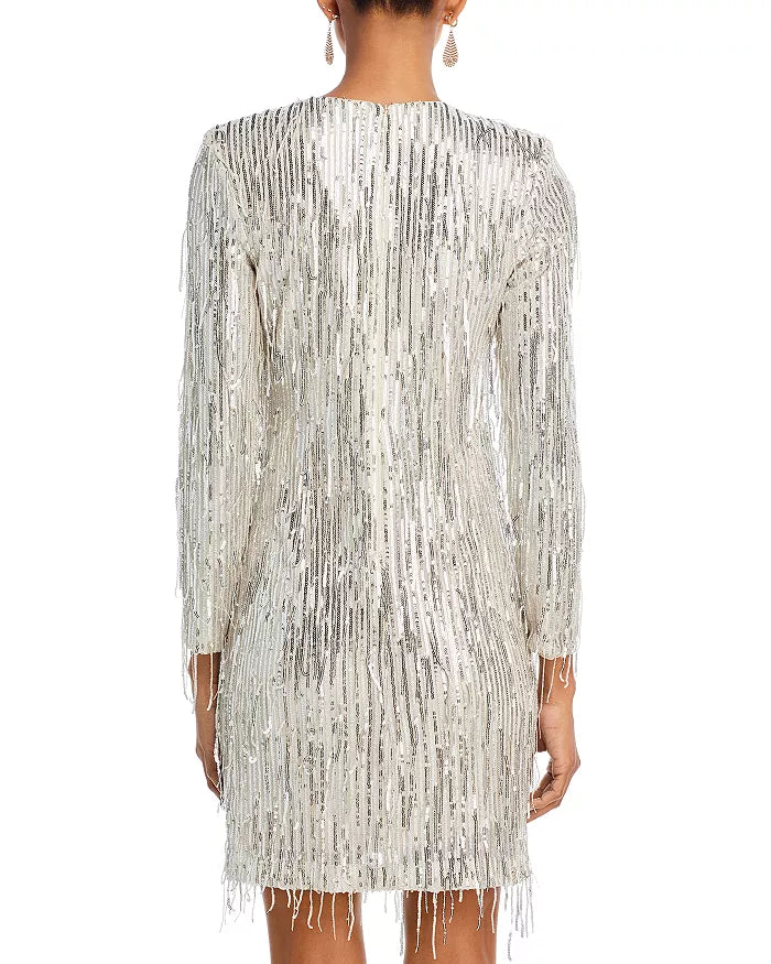 Eliza J Sequin Fringe Long Sleeve Cocktail Dress