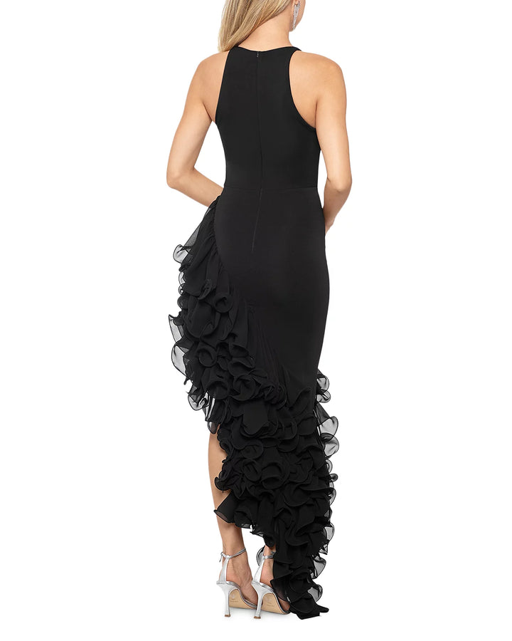 AQUA Ponté Knit Ruffle Detail Gown