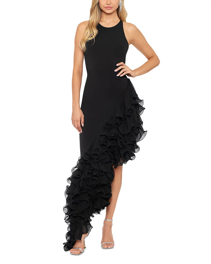 AQUA Ponté Knit Ruffle Detail Gown