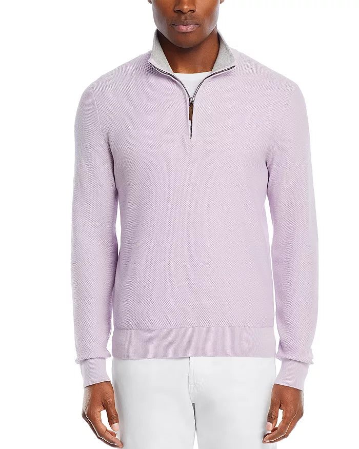 The Men Store Cotton Tipped Textured Birdseye Half Zip Sweater