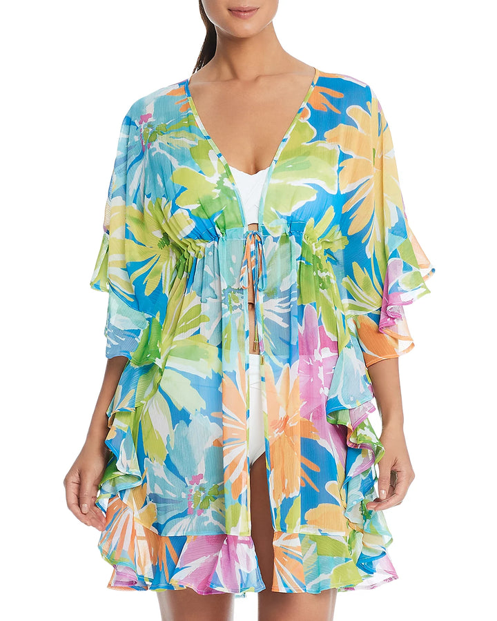 Bleu Rod Beattie Floral Print Ruffled Cover Up Caftan