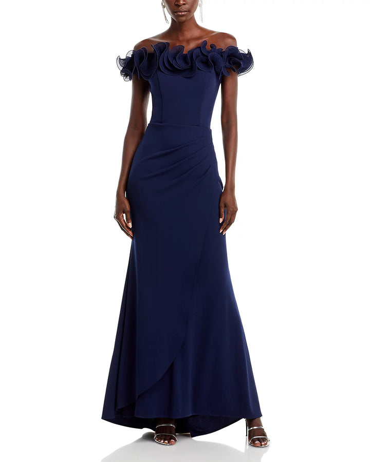 AQUA Ruffled Neck Evening Gown